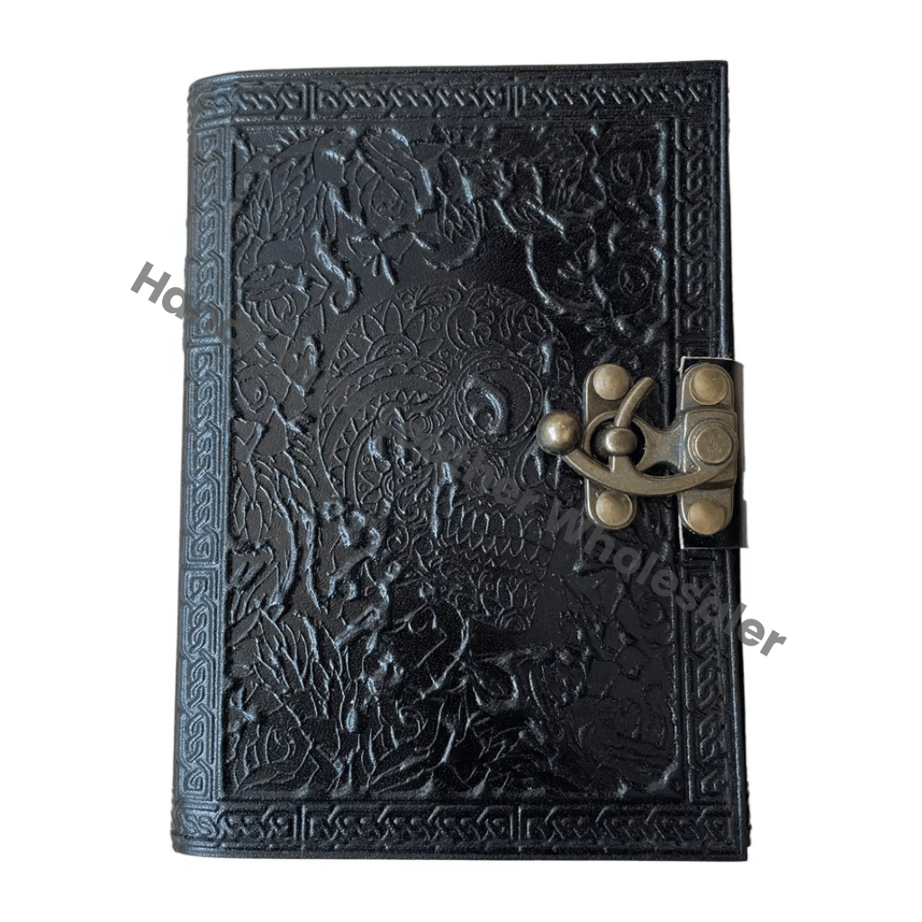 Leather Journal Antique Embossed with Lock Skull Black Guest Book Handmade Paper Gift Him Day Personal Organizer Notebooks Diary