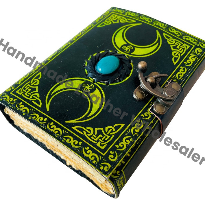 Leather Journal Blue Green Triple Moon Goddess Spell Book Shadows Grimoire Deckle Edge Paper Spiritual Wicca Craft Vintage