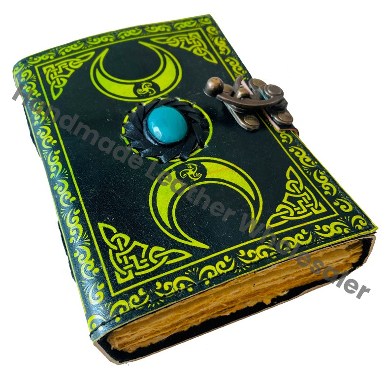 Leather Journal Blue Green Triple Moon Goddess Spell Book Shadows Grimoire Deckle Edge Paper Spiritual Wicca Craft Vintage