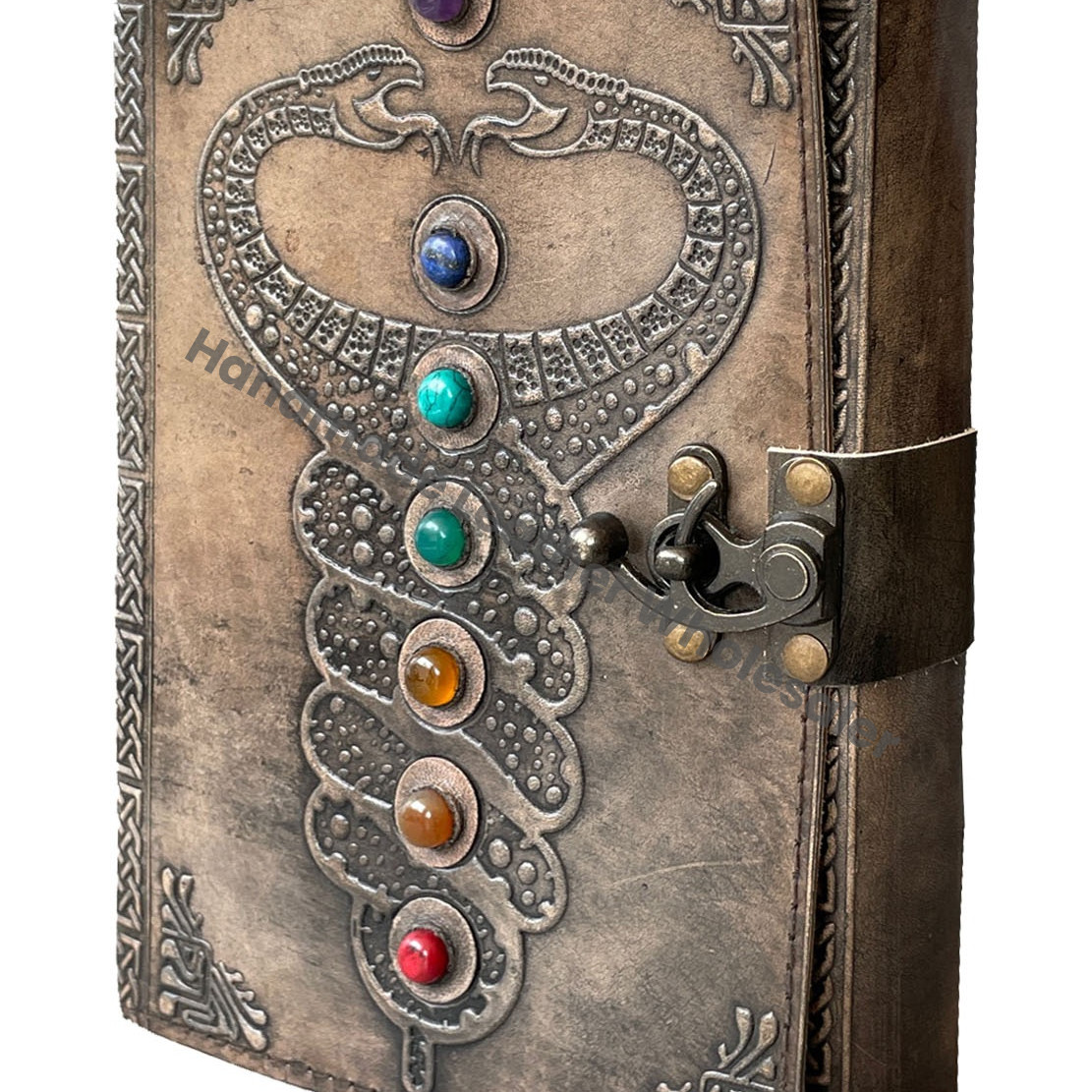 Leather Journal Book of Shadows Double Snake With 7 Stone Antique Design Unlined Deckle Edge Paper, Leather Blank Book