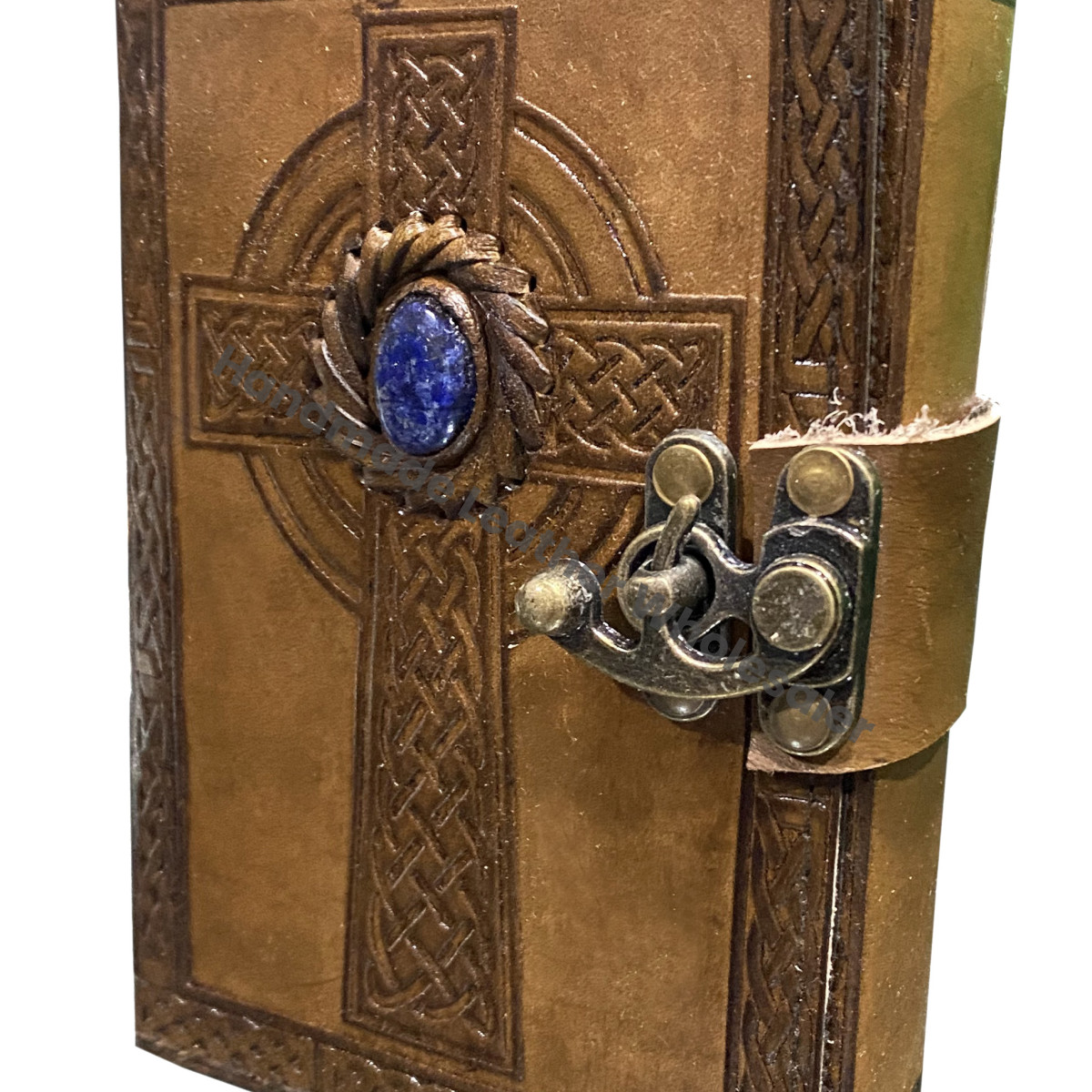 Leather Journal Diary Embossed Celtic Cross With Royal Blue Lapis Lazuli Gemstone Stone Handmade Notebook & Sketchbook Vintage C