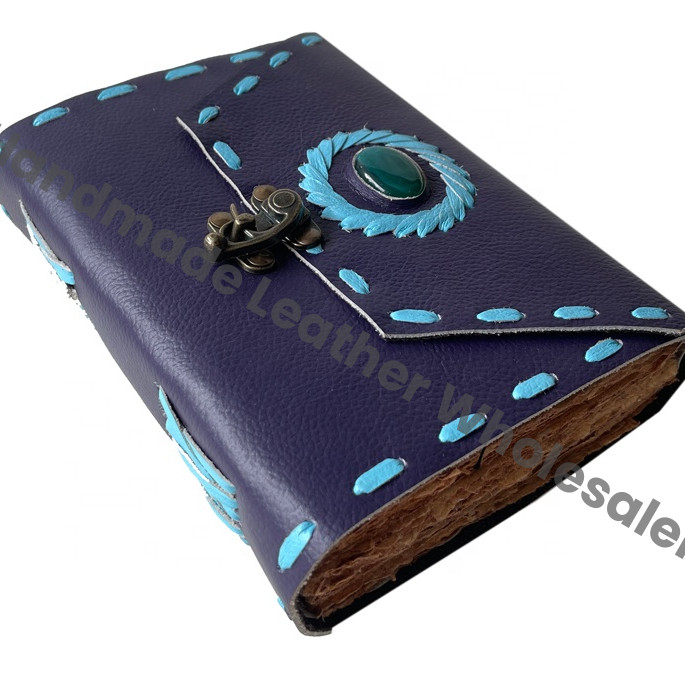 Leather Journal Notebook Handmade C Lock Vintage Design with Stone Unisex Gift Craft Deckle Edge Paper Bound Custom Logo