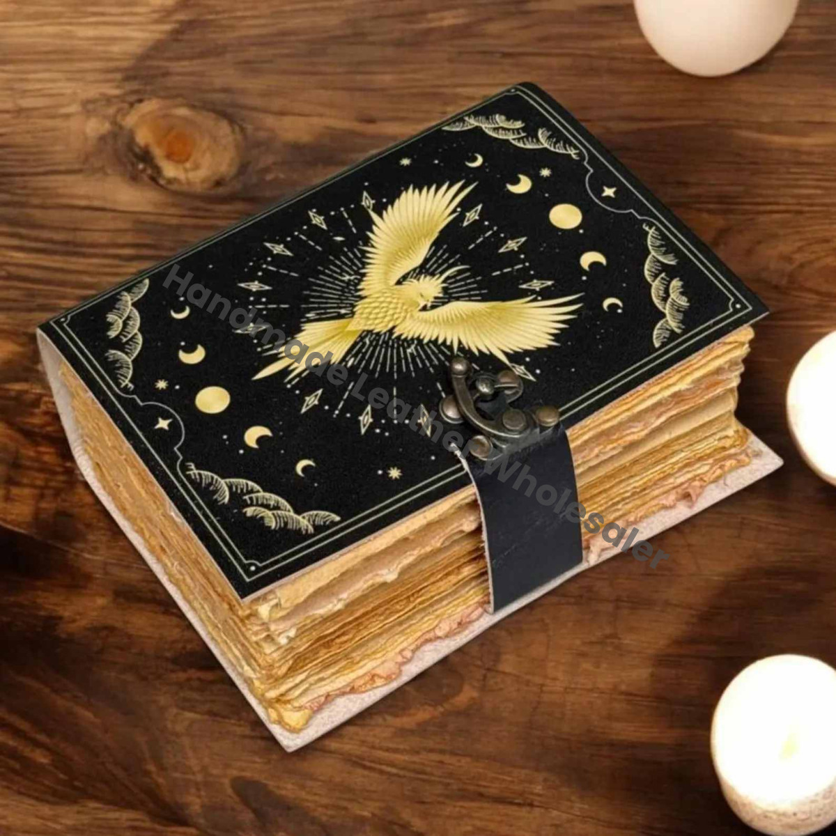 Leather Journal: Phoenix Grimoire Print, Gothic Book of Shadows