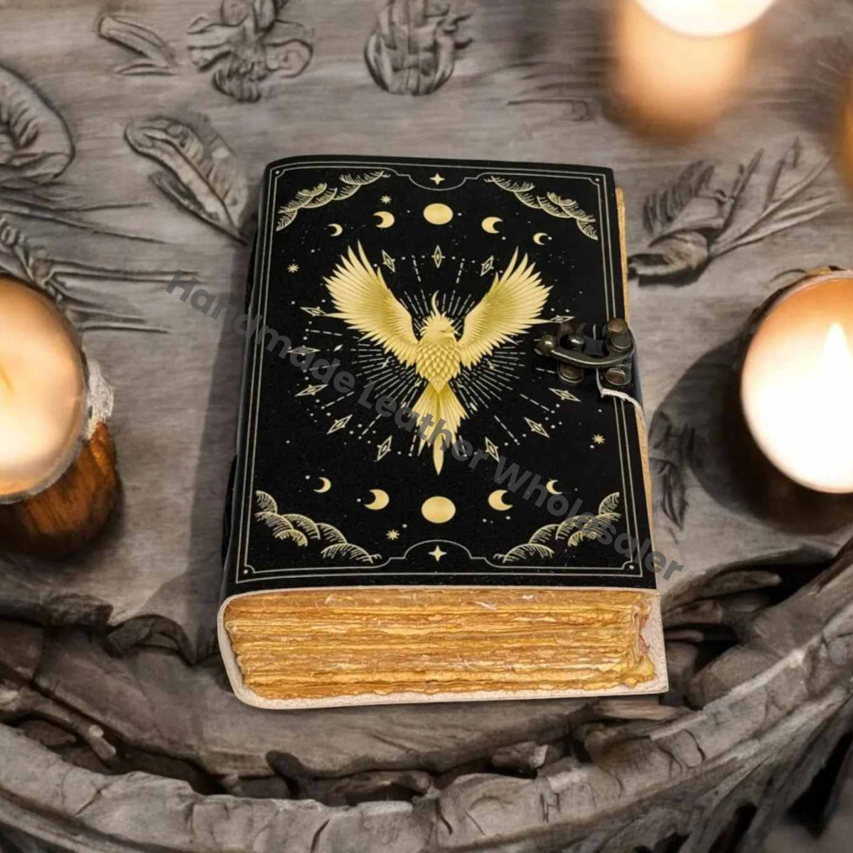 Leather Journal: Phoenix Grimoire Print, Gothic Book of Shadows