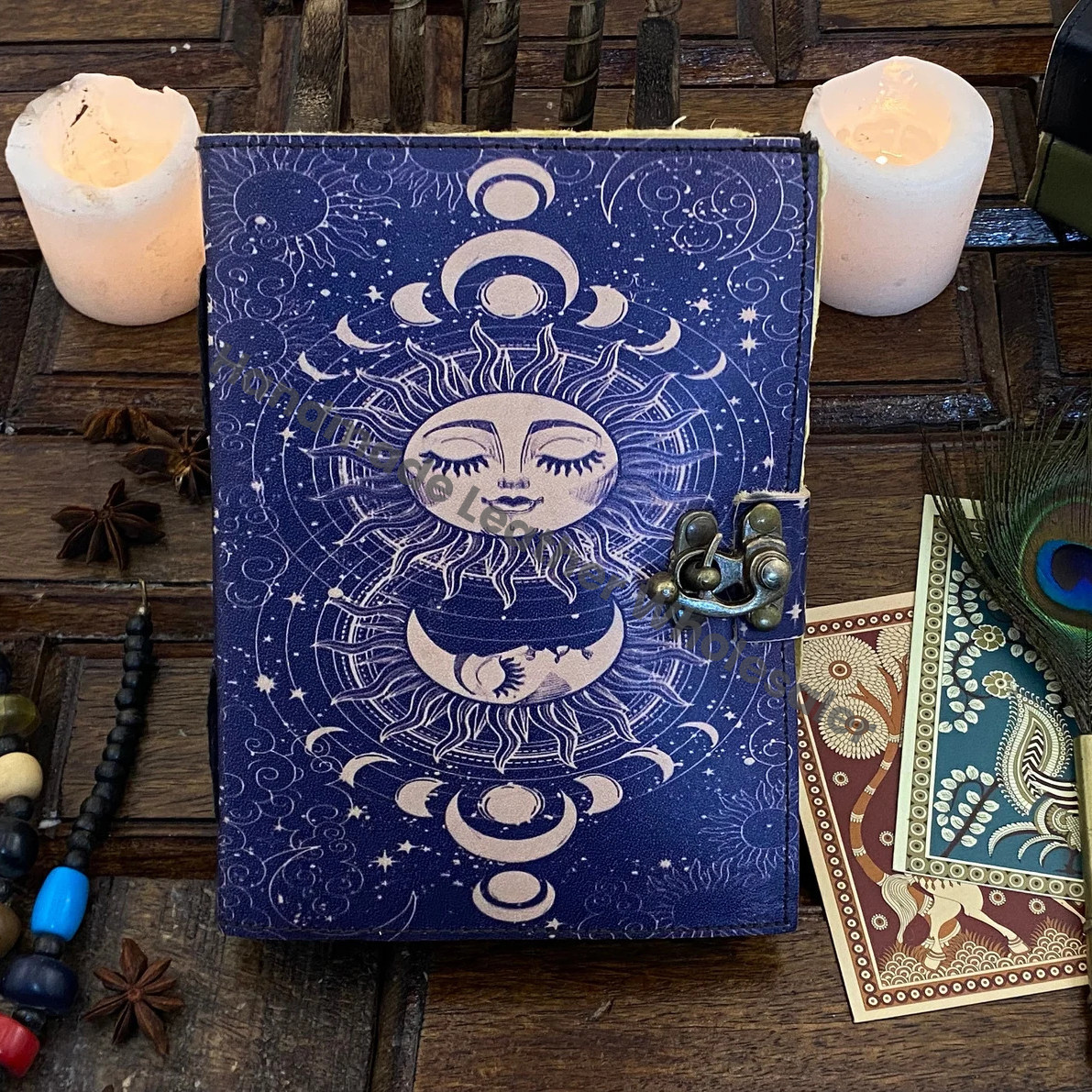 Leather Journal Sun and Moon Phase Notebook spell book of Shadows Grimoire journal Handmade Journal With Deckle Edge Paper Brass C lock