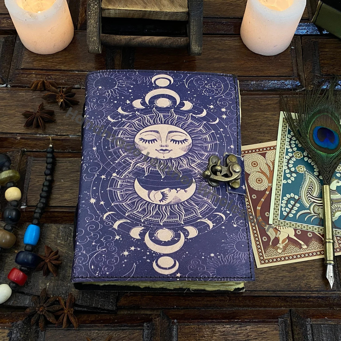 Leather Journal Sun and Moon Phase Notebook spell book of Shadows Grimoire journal Handmade Journal With Deckle Edge Paper Brass C lock