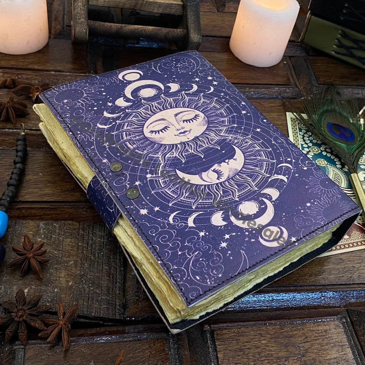 Leather Journal Sun and Moon Phase Notebook spell book of Shadows Grimoire journal Handmade Journal With Deckle Edge Paper Brass C lock