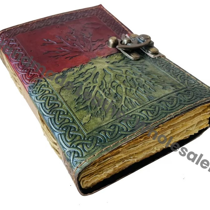 Leather Journal Tree of Life Hand Embossed Design Spiral Binding Notebook Diary Sketchbook Brass Clasp Lock Organizer Gift
