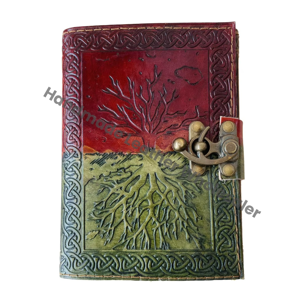 Leather Journal Tree of Life Hand Embossed Design Spiral Binding Notebook Diary Sketchbook Brass Clasp Lock Organizer Gift