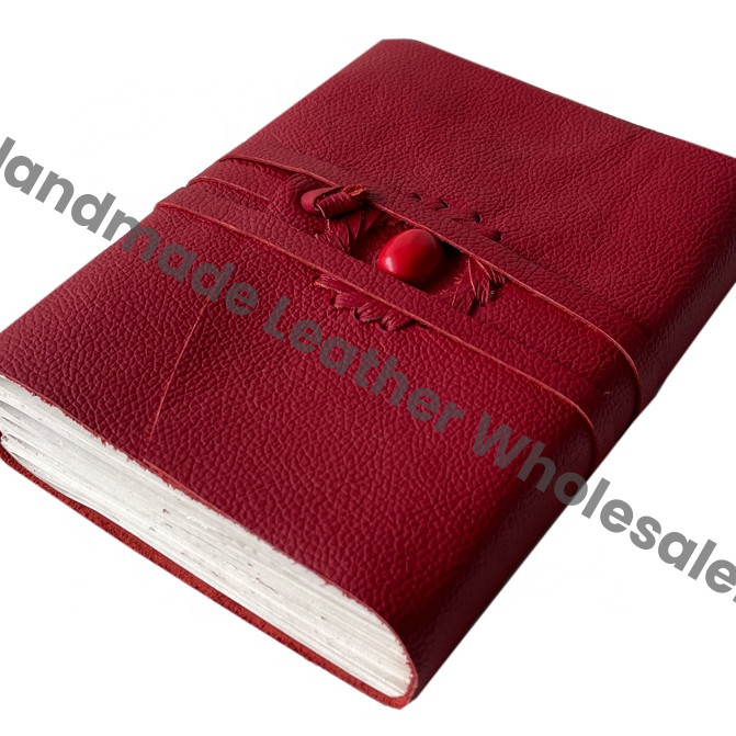 Leather Journal Writing Notebook Thermal Binding with Stone Red Color Handmade Daily Notepad for Men Women Unlined Paper Gift