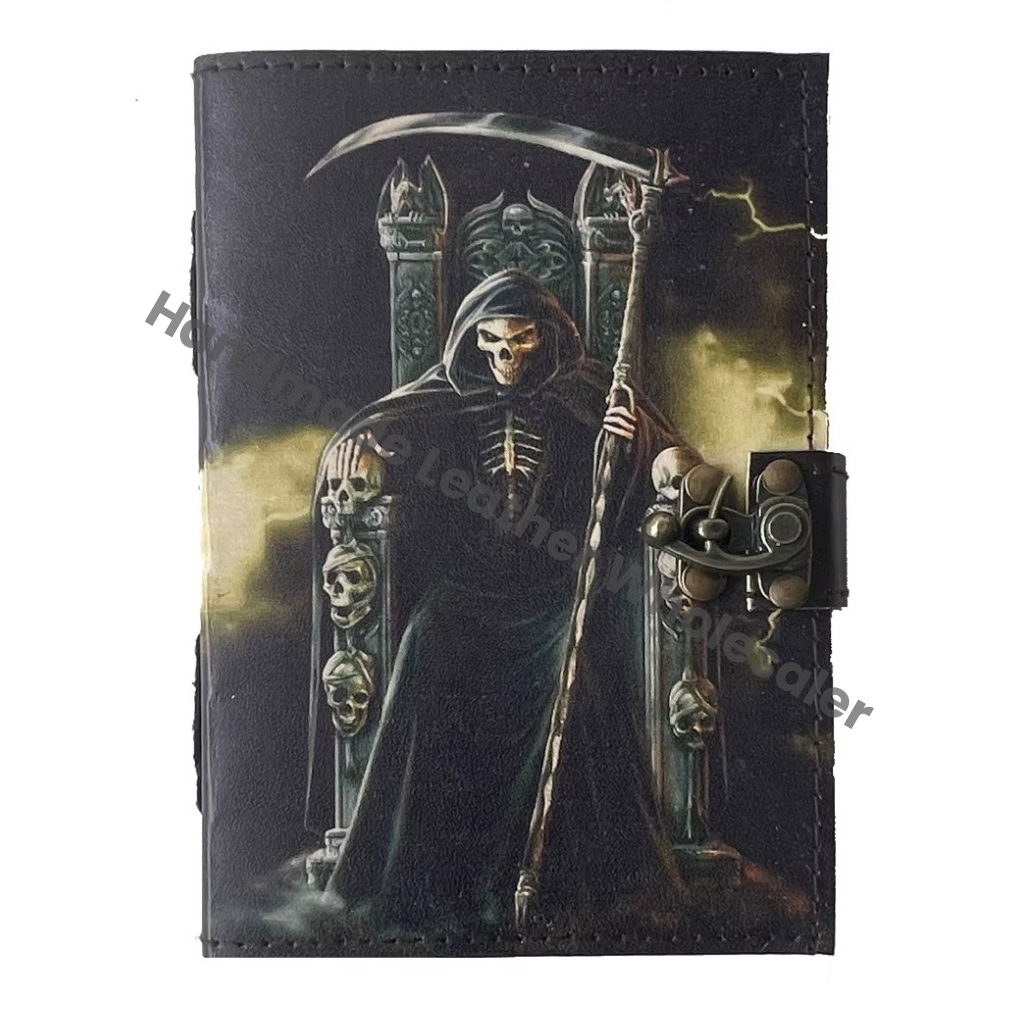 Leather Printed Journal Notebook Handmade Day of Dead Reaper Print Design Eco-friendly Paper Journals for Men Women Gift