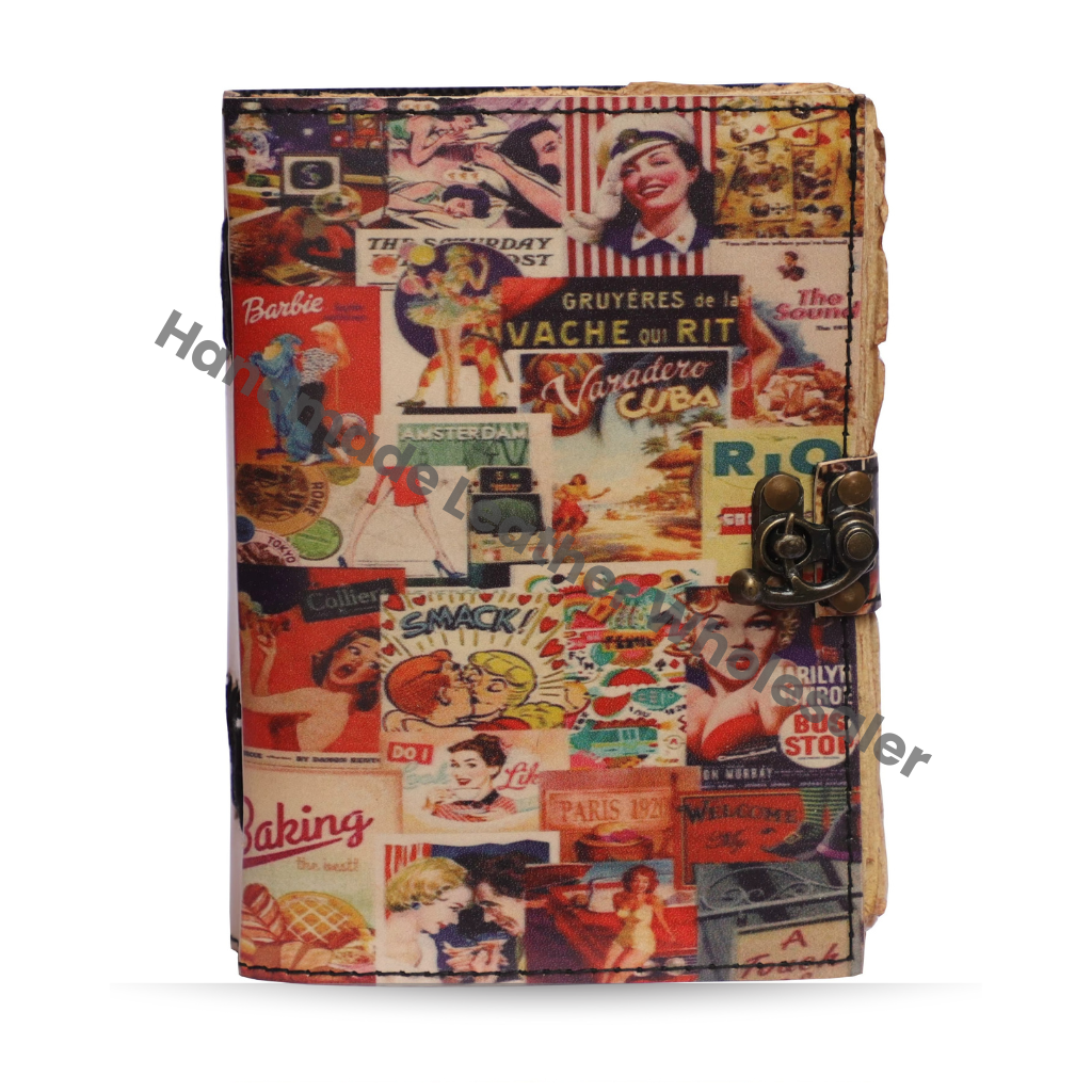 Leather Printed Magazine Style Design Handmade Journal Deckle Edge Pages Grimoire Bound Vintage Paper Notebook & Sketchbook
