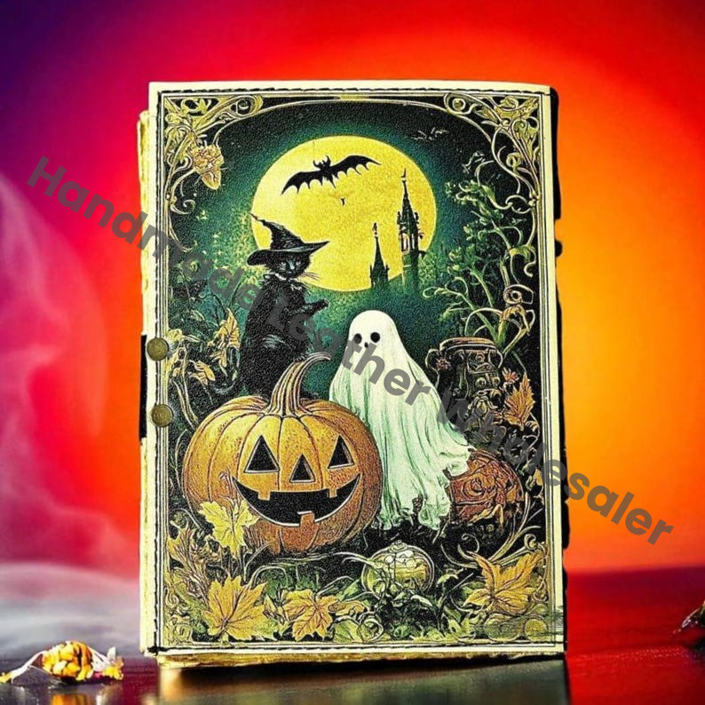 Leather Pumpkin Grimoire Journal Halloween Page Handmade Book of Shadows Spell book Wiccan Pagan Gothic Magic Diary Gift Vintage Moon Forest