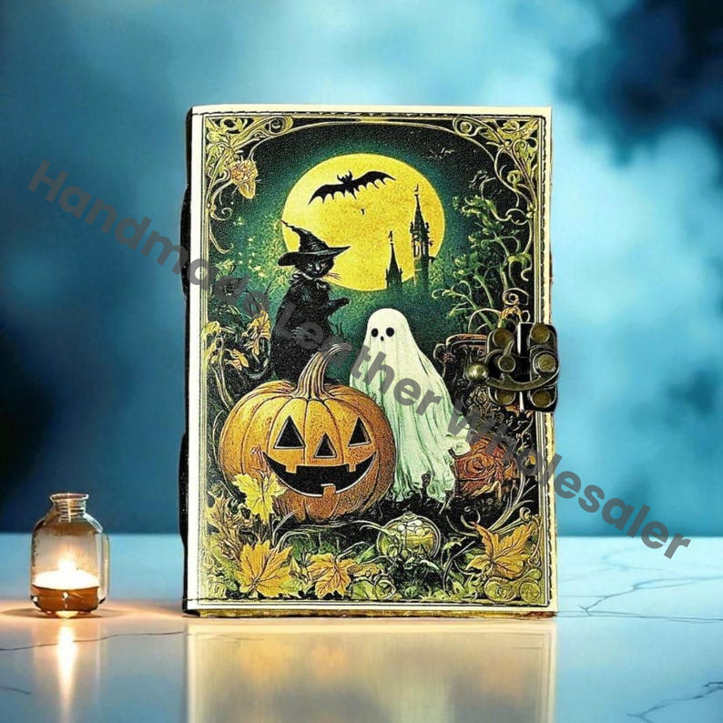 Leather Pumpkin Grimoire Journal Halloween Page Handmade Book of Shadows Spell book Wiccan Pagan Gothic Magic Diary Gift Vintage Moon Forest