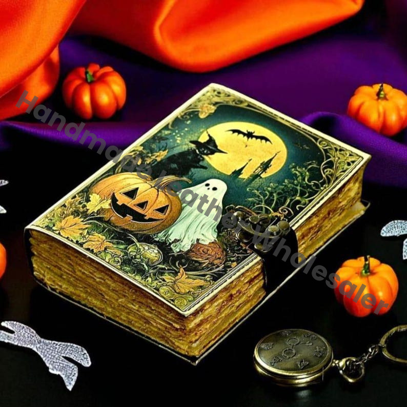 Leather Pumpkin Grimoire Journal Halloween Page Handmade Book of Shadows Spell book Wiccan Pagan Gothic Magic Diary Gift Vintage Moon Forest