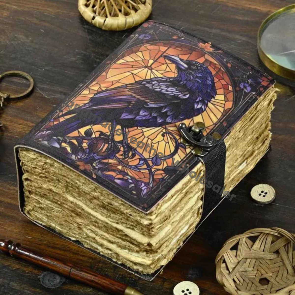 Leather Raven Journal – Gothic Grimoire Book of Shadows, Handmade Vintage Notebook