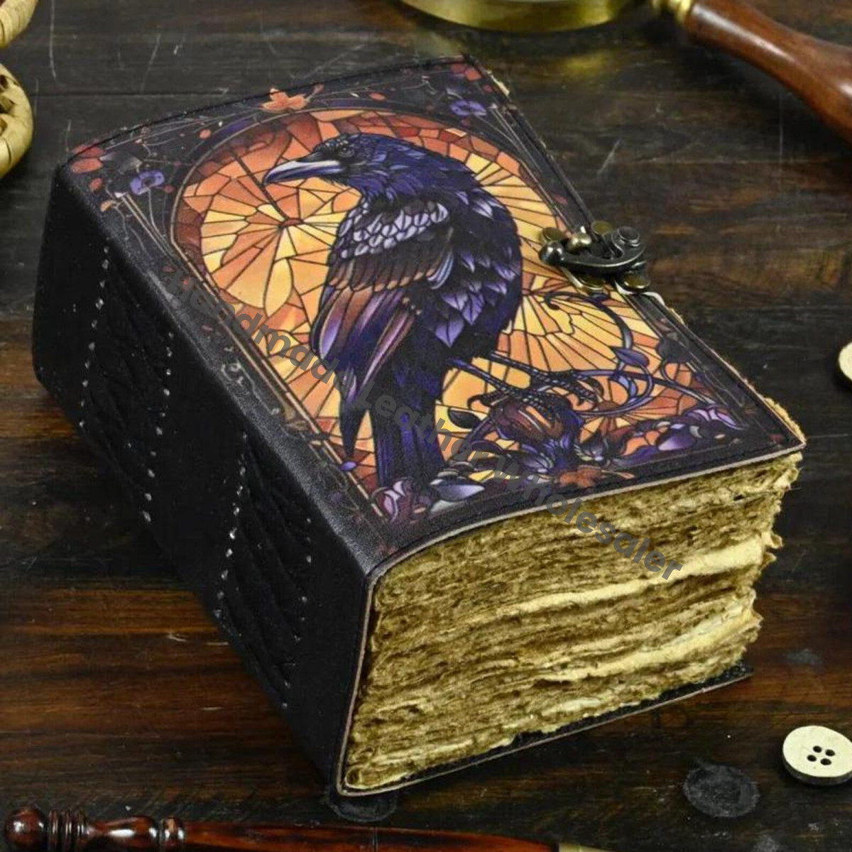 Leather Raven Journal – Gothic Grimoire Book of Shadows, Handmade Vintage Notebook