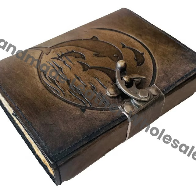 Leather Spiral Bound Journal Handmade Dolphin Embossed Antique Design Genuine Paper Spell Wiccan Gift Book