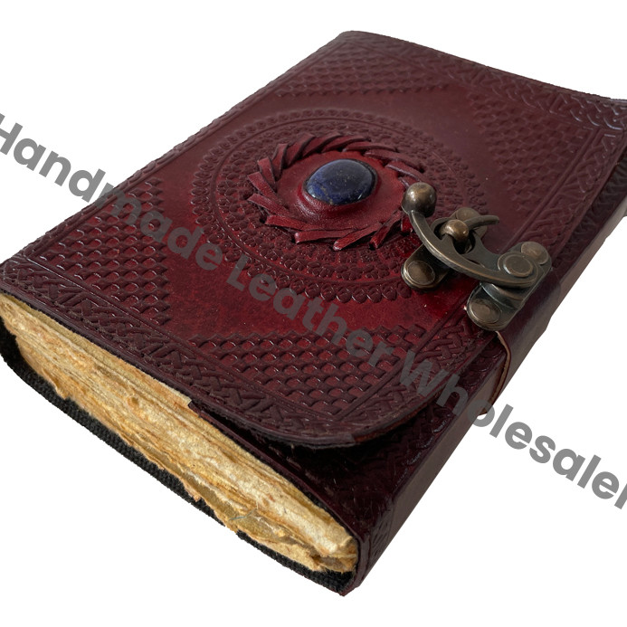 Leather Stone Journal Semi-Precious Lapis Lock Closure Sheets Handmade Deckle Edge Paper Blank Planner Travel Notebook Gift