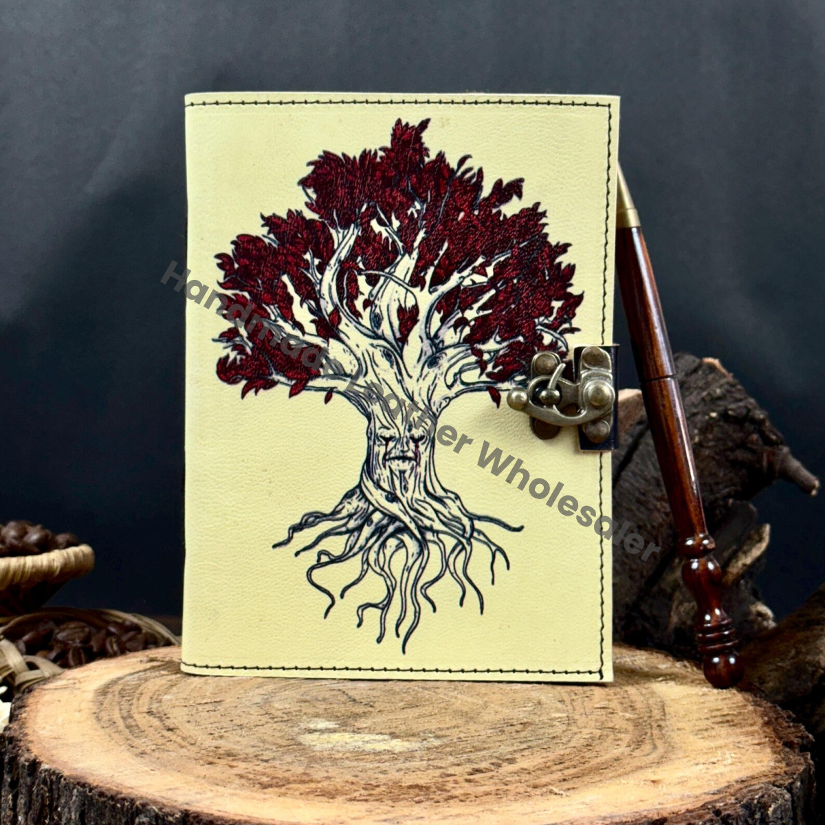Leather Tree of Life Grimoire Journal, Vintage Lock, Blank Book of Shadows