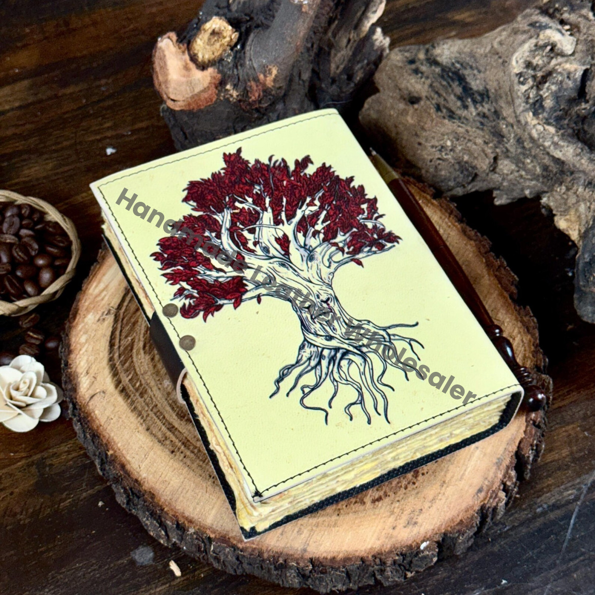 Leather Tree of Life Grimoire Journal, Vintage Lock, Blank Book of Shadows