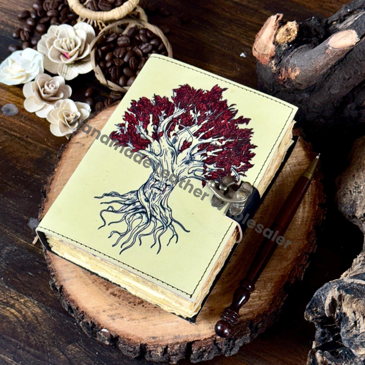 Leather Tree of Life Grimoire Journal, Vintage Lock, Blank Book of Shadows