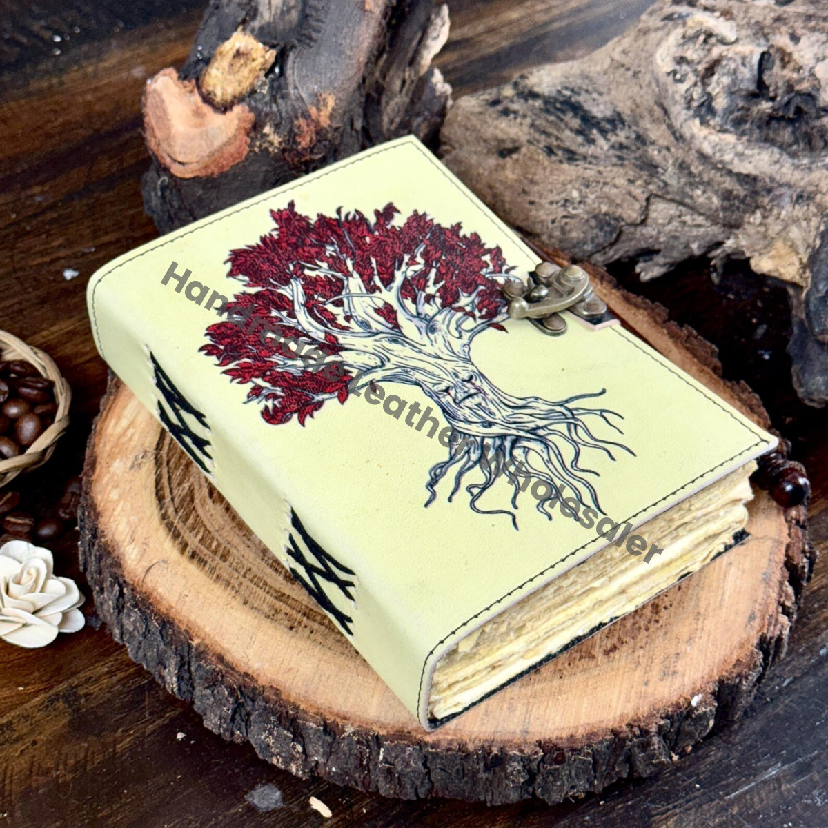 Leather Tree of Life Grimoire Journal, Vintage Lock, Blank Book of Shadows