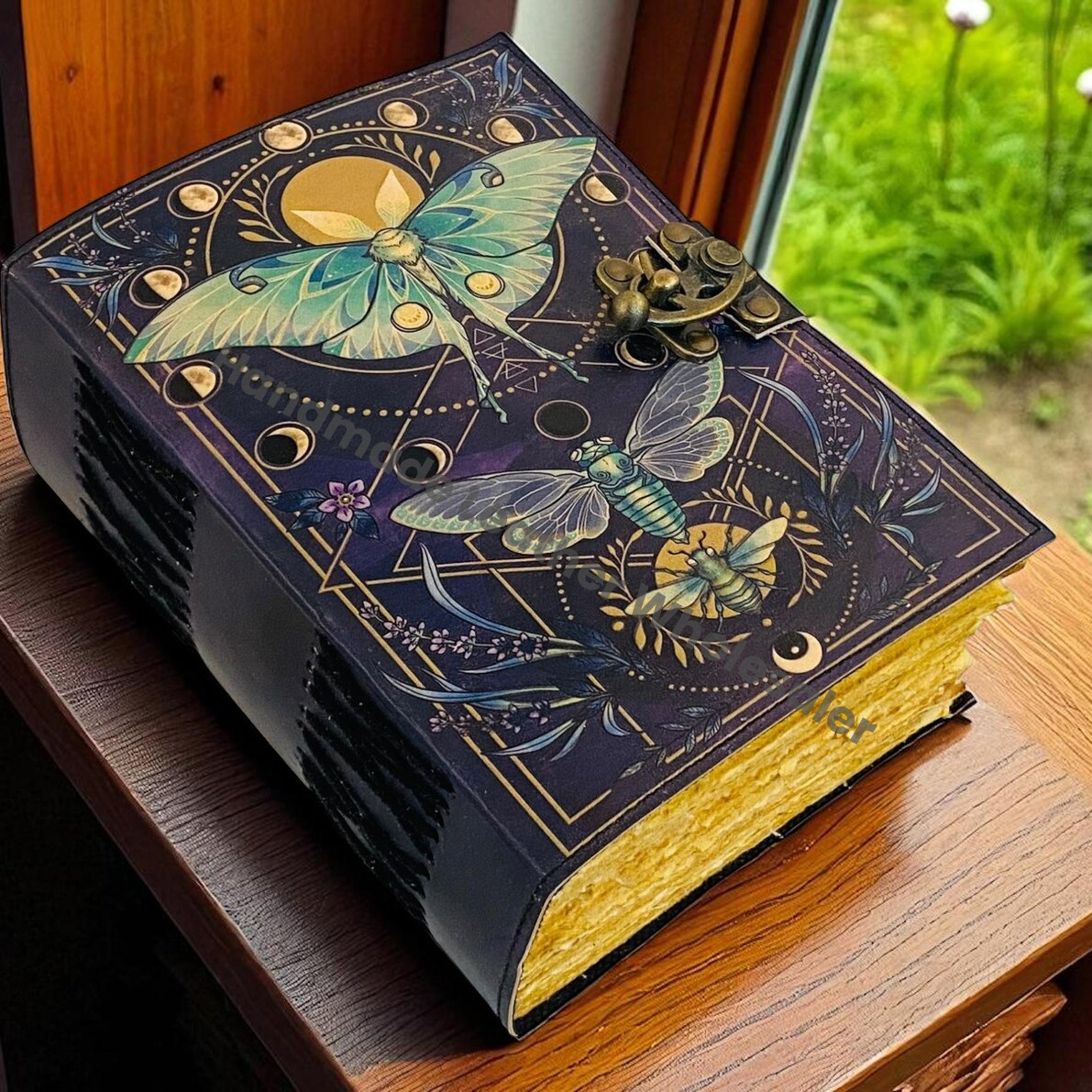 Luna Moth Grimoire – Handmade Spell Book with Lock | Personalized Wiccan Leather Journal