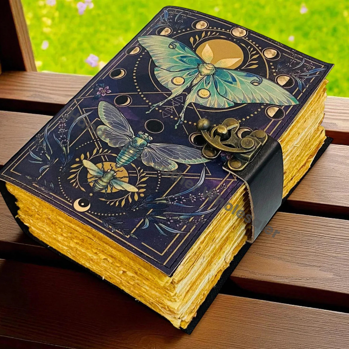 Luna Moth Grimoire – Handmade Spell Book with Lock | Personalized Wiccan Leather Journal