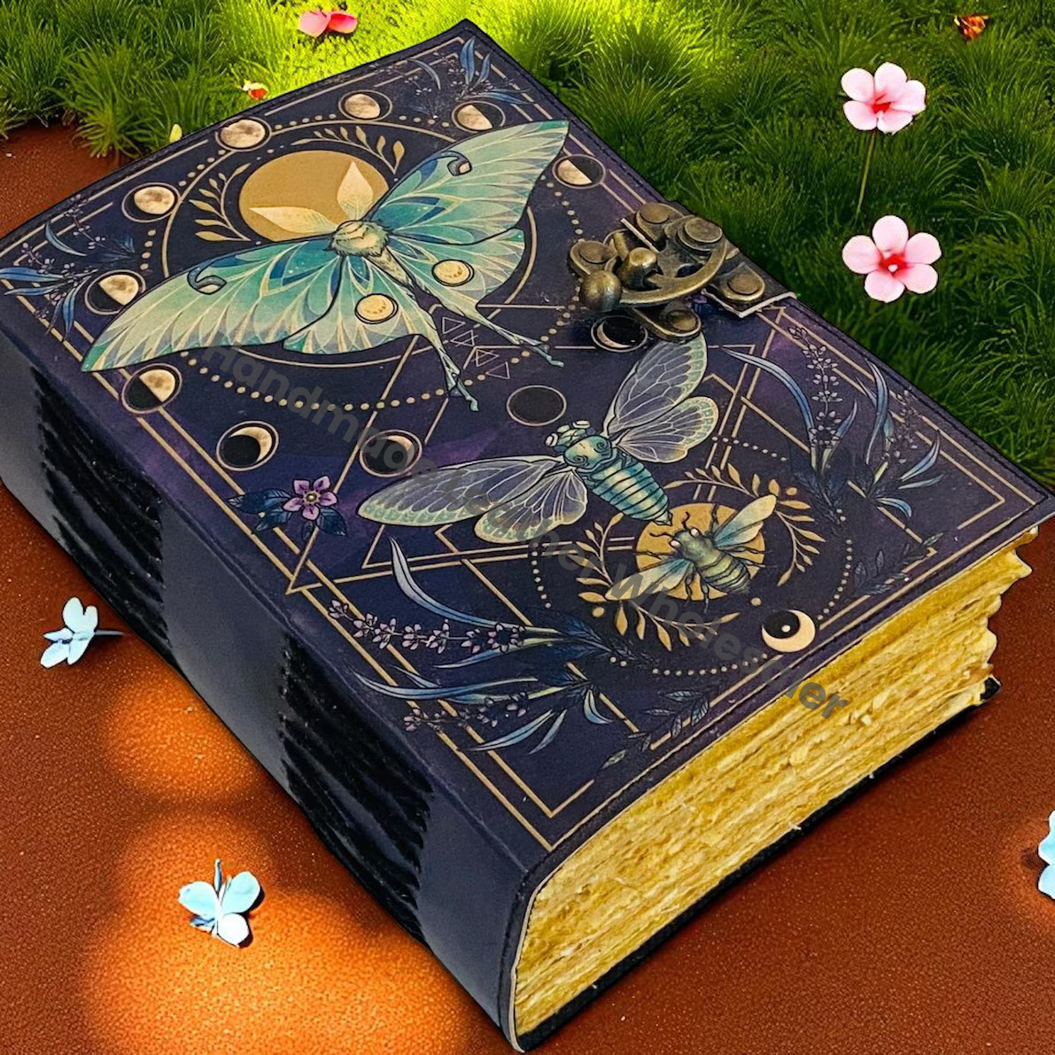 Luna Moth Grimoire – Handmade Spell Book with Lock | Personalized Wiccan Leather Journal