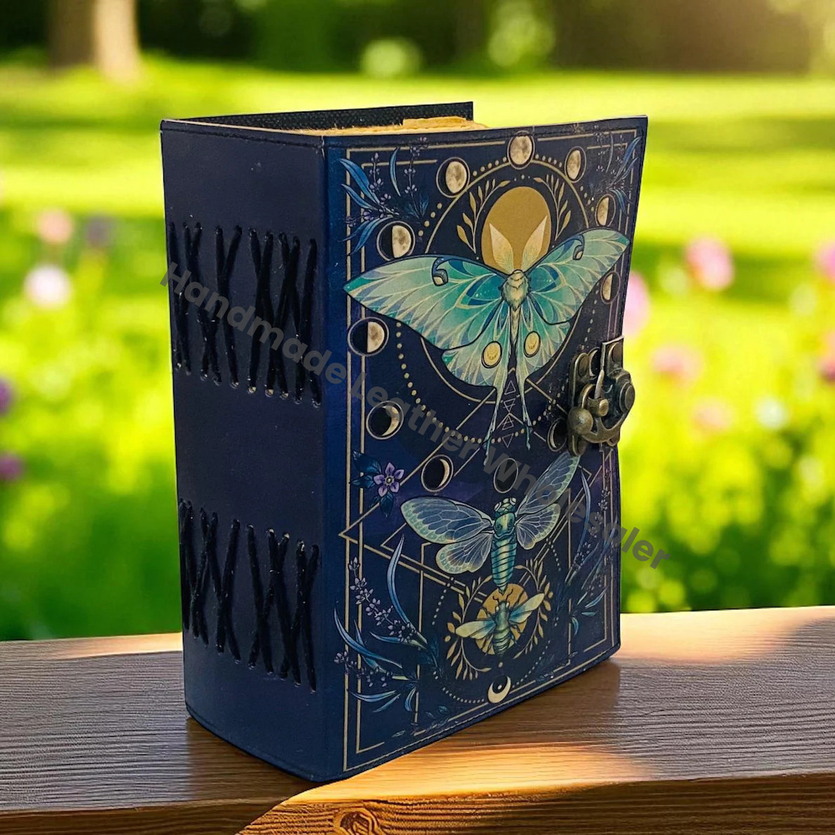 Luna Moth Grimoire – Handmade Spell Book with Lock | Personalized Wiccan Leather Journal