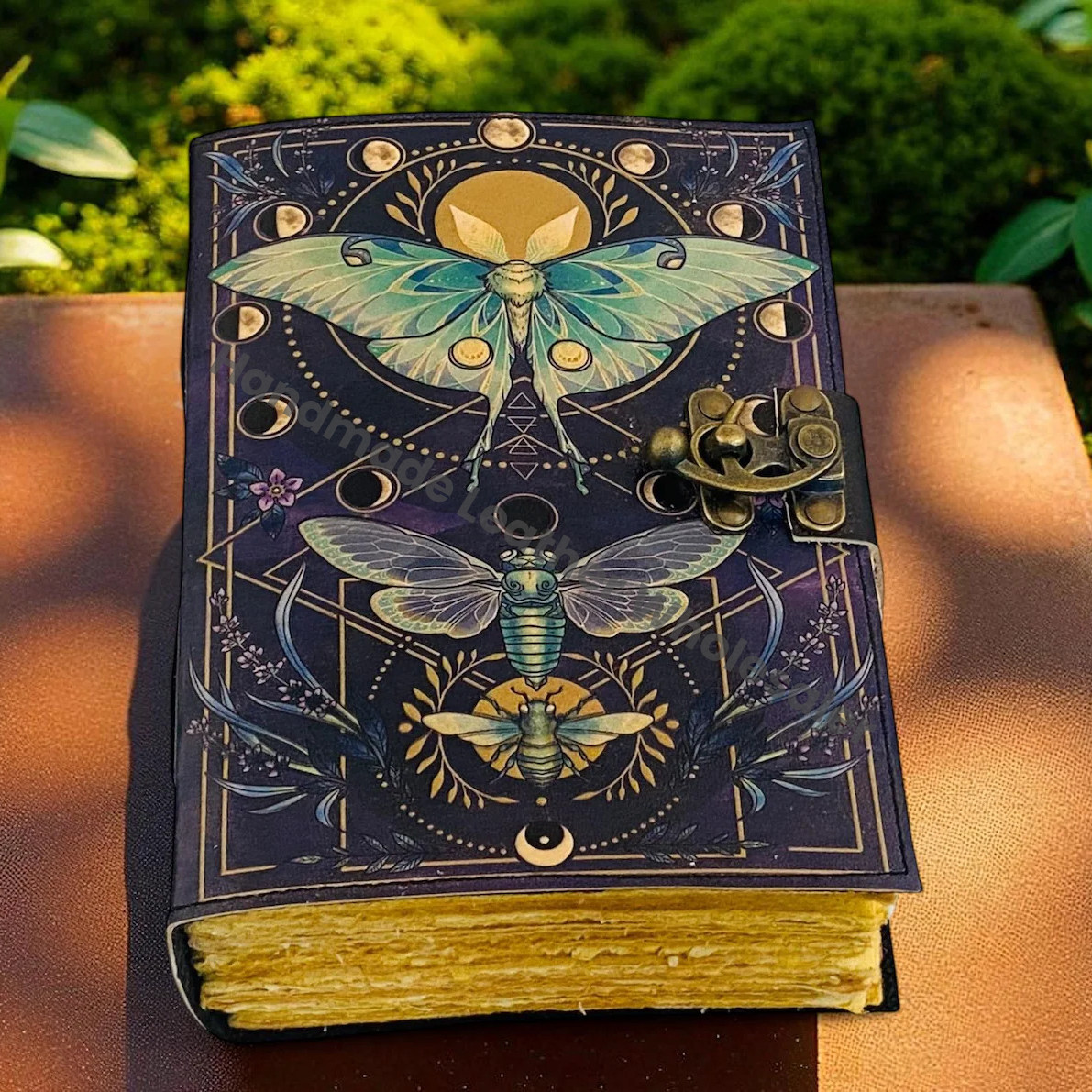 Luna Moth Grimoire – Handmade Spell Book with Lock | Personalized Wiccan Leather Journal