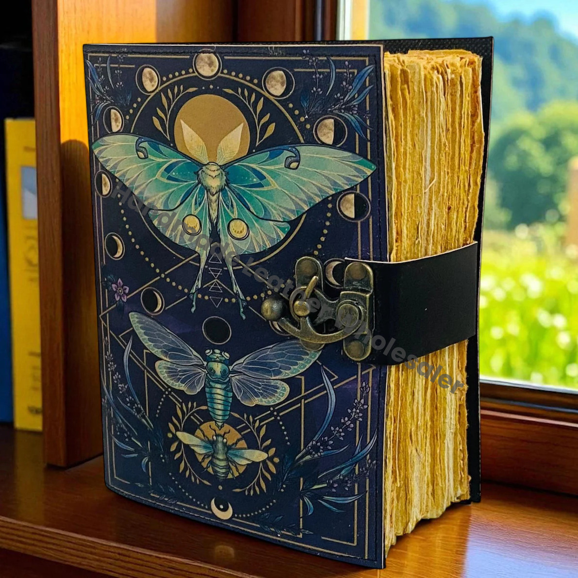 Luna Moth Grimoire – Handmade Spell Book with Lock | Personalized Wiccan Leather Journal