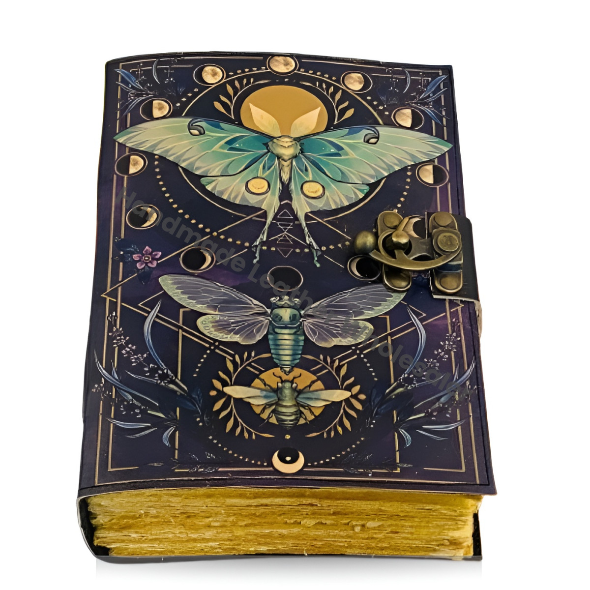 Luna Moth Grimoire – Handmade Spell Book with Lock | Personalized Wiccan Leather Journal