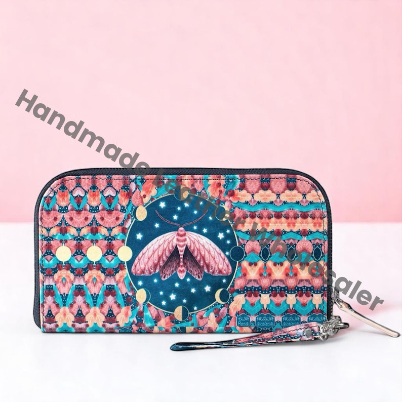Luna Moth Leather Clutch Wallet – Boho Moon Phases Wristlet, Handmade Zip Wallet, Colorful Festival Purse, Artist-Designed Gift for Women