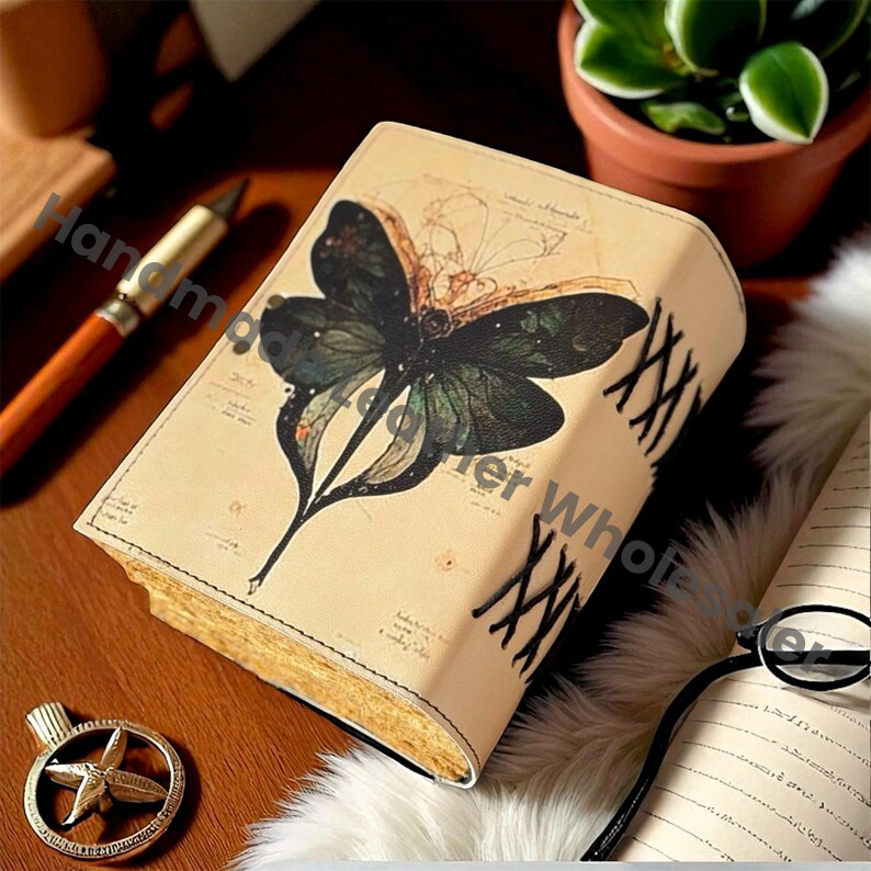 Luna Moth Leather Grimoire – Blank Book of Shadows, Witchcraft Supplies, Morpho Butterfly & Moth Decor, Wiccan Pagan Journal Gift