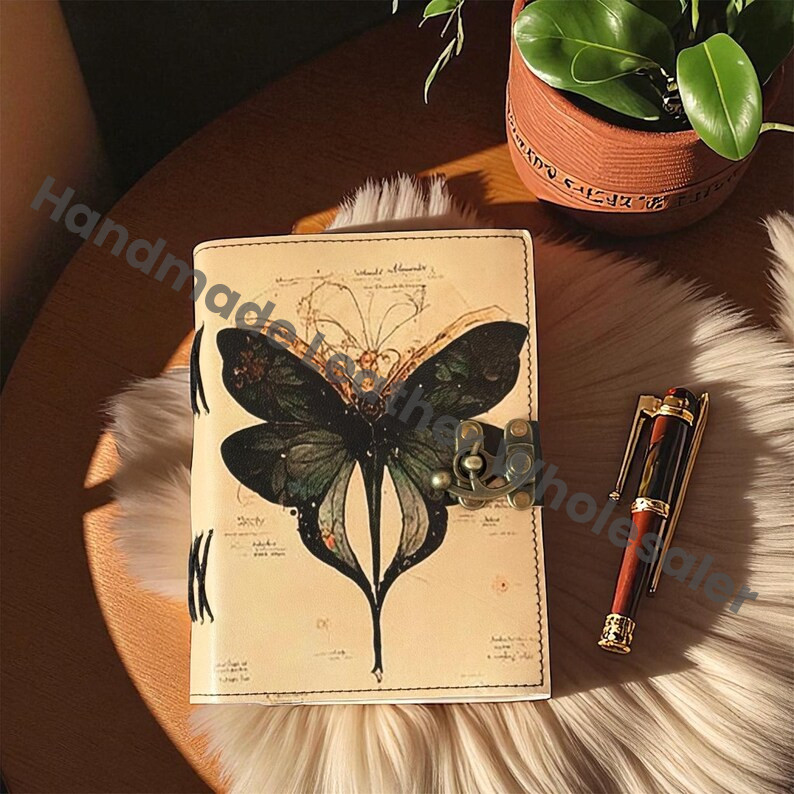 Luna Moth Leather Grimoire – Blank Book of Shadows, Witchcraft Supplies, Morpho Butterfly & Moth Decor, Wiccan Pagan Journal Gift