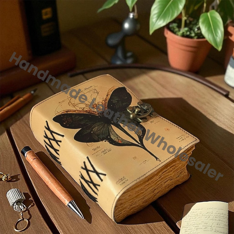 Luna Moth Leather Grimoire – Blank Book of Shadows, Witchcraft Supplies, Morpho Butterfly & Moth Decor, Wiccan Pagan Journal Gift