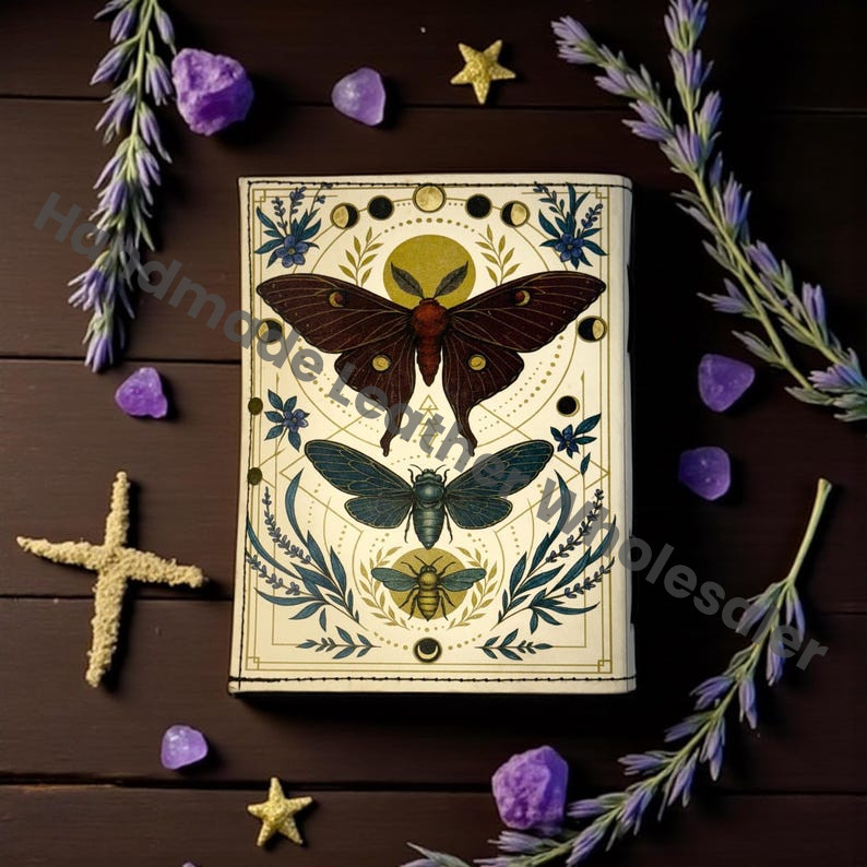 Luna Moth Leather Grimoire – Witchcraft Book of Shadows, 400 Pages Vintage Spellbook, Wiccan Pagan Gothic Journal, Witchy Magic Diary Gift