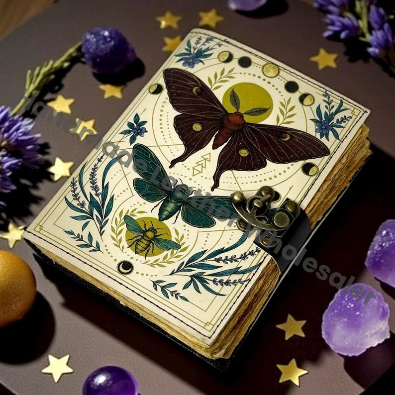 Luna Moth Leather Grimoire – Witchcraft Book of Shadows, 400 Pages Vintage Spellbook, Wiccan Pagan Gothic Journal, Witchy Magic Diary Gift