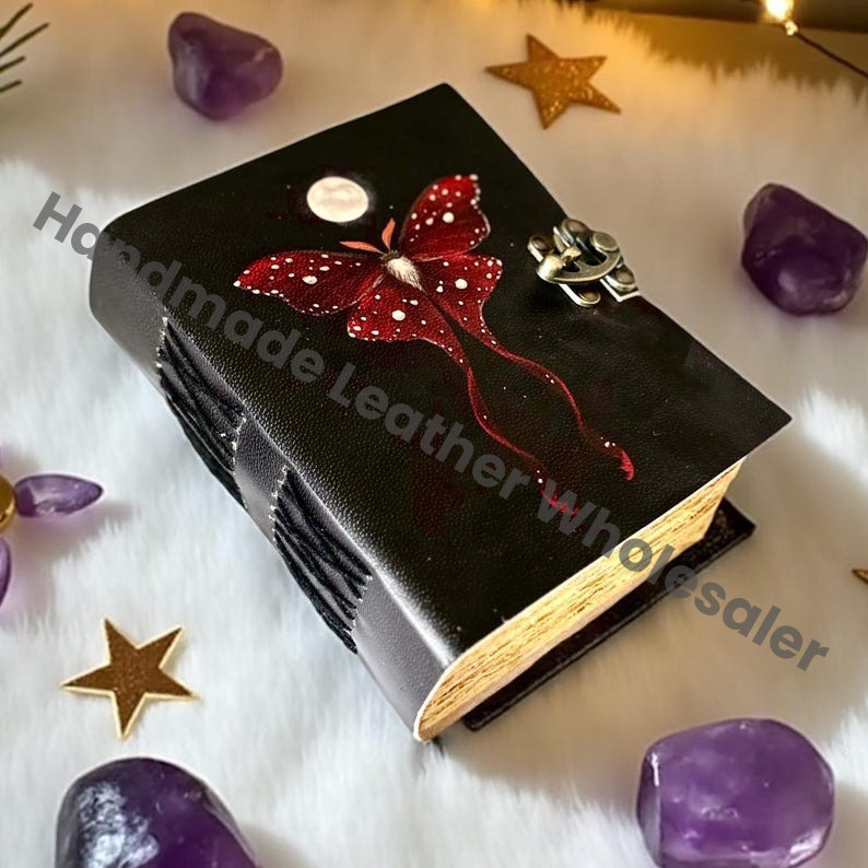 Luna Moth Leather Journal – Blank Book of Shadows, Spell Book, Witchcraft Grimoire, Wiccan Pagan Gothic Witchy Magic Gift