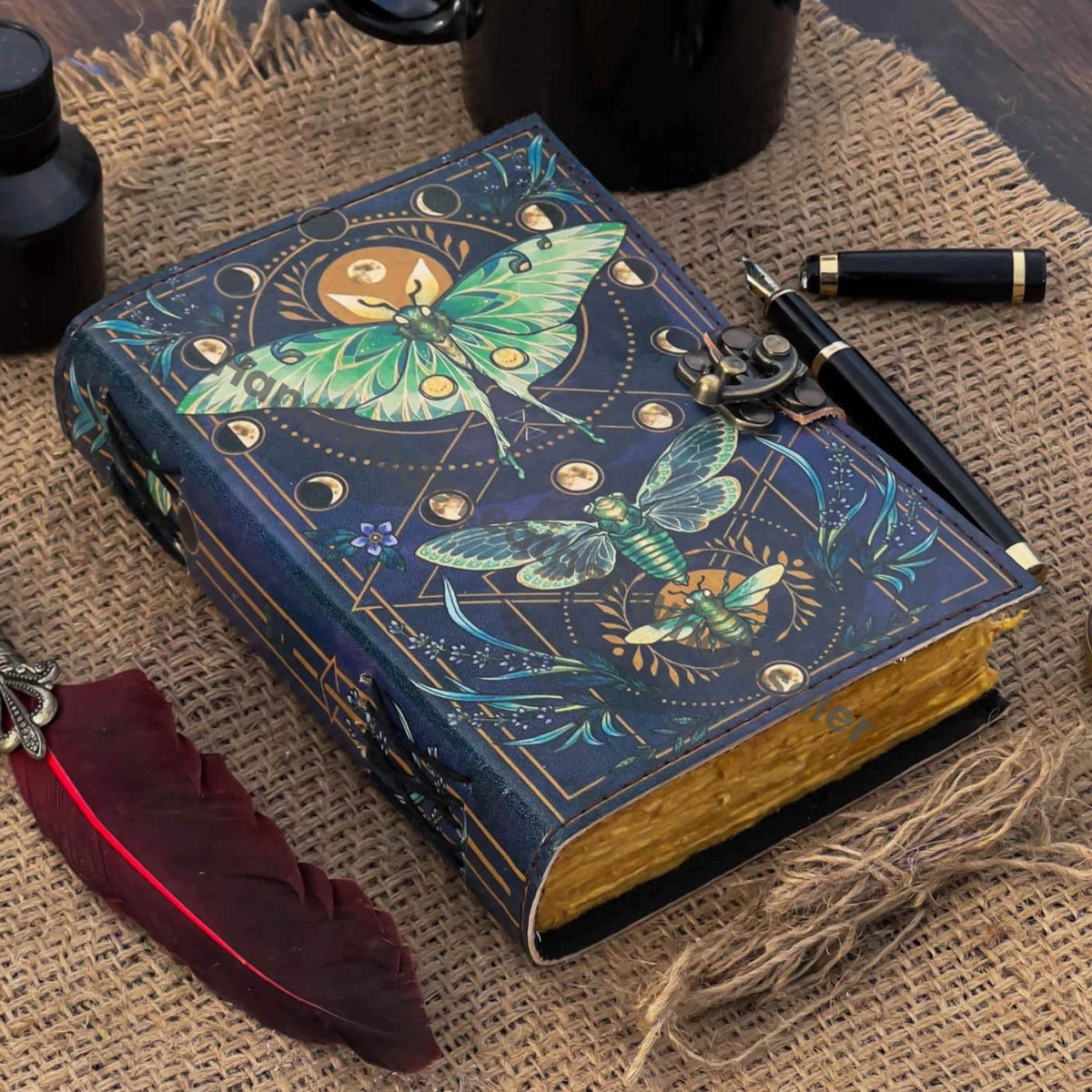 Luna Moth Leather Journal, Blank Book of Shadows, Witchcraft Grimoire