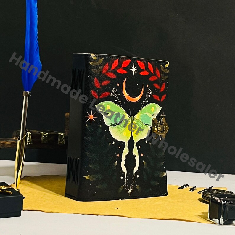 Luna Moth Leather Journal – Blank Spell Book of Shadows, Antique Pages, Vintage Witchcraft Grimoire, Wiccan Pagan Gothic Witchy Gift