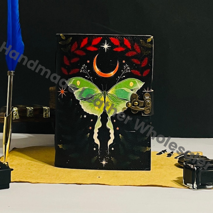 Luna Moth Leather Journal – Blank Spell Book of Shadows, Antique Pages, Vintage Witchcraft Grimoire, Wiccan Pagan Gothic Witchy Gift