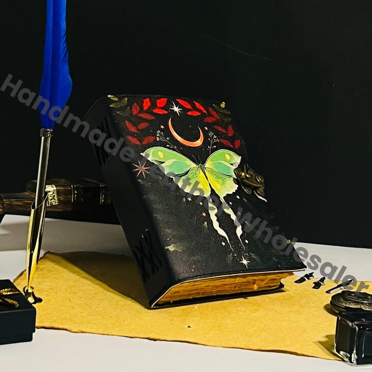 Luna Moth Leather Journal – Blank Spell Book of Shadows, Antique Pages, Vintage Witchcraft Grimoire, Wiccan Pagan Gothic Witchy Gift