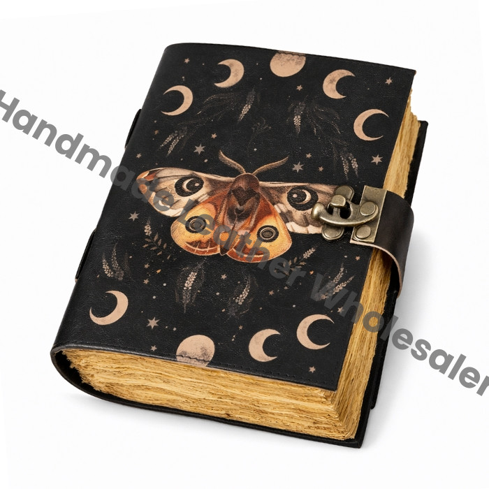 Luna Moth Leather Journal – Blank Spell Book of Shadows, Witchcraft Grimoire, Vintage Wiccan Pagan Gothic Witchy Gift