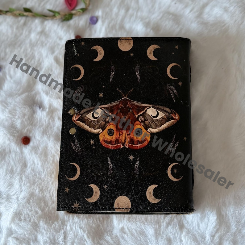 Luna Moth Leather Journal – Blank Spell Book of Shadows, Witchcraft Grimoire, Vintage Wiccan Pagan Gothic Witchy Gift