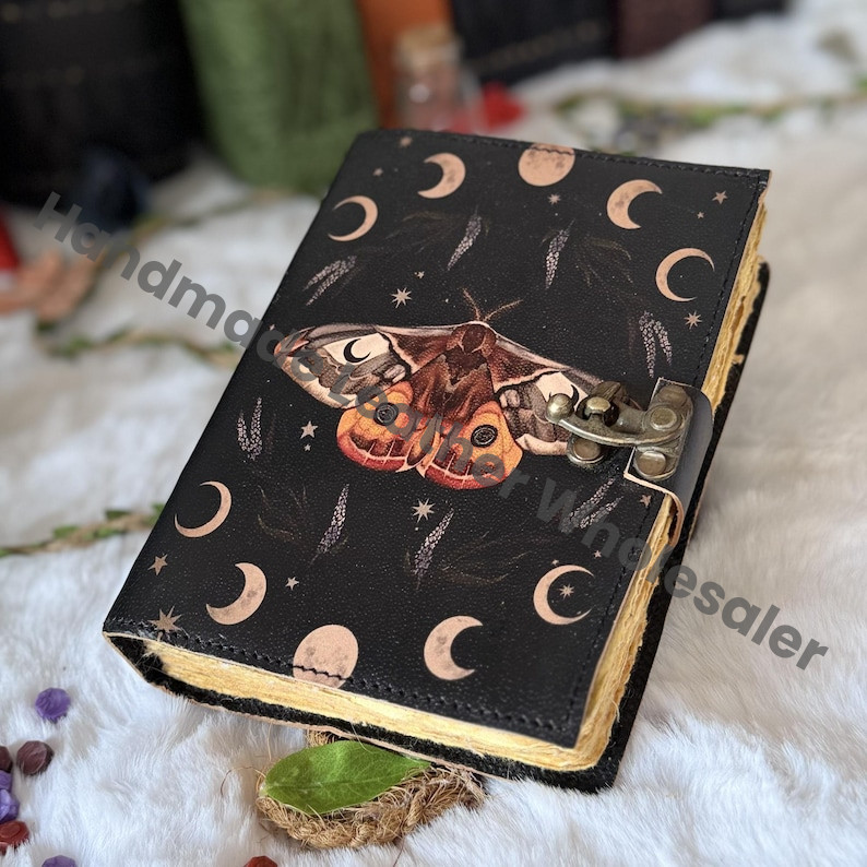 Luna Moth Leather Journal – Blank Spell Book of Shadows, Witchcraft Grimoire, Vintage Wiccan Pagan Gothic Witchy Gift