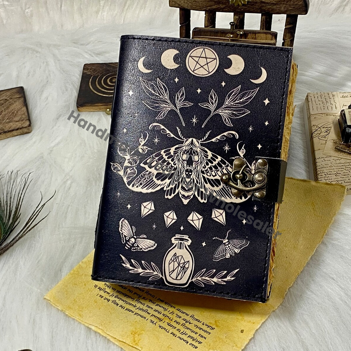 Luna Moth Leather Journal: Blank Spell Book of Shadows, Witchcraft Supplies