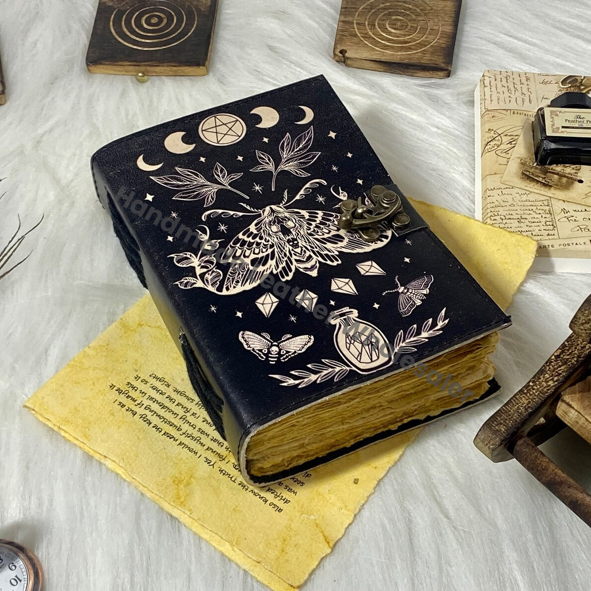 Luna Moth Leather Journal: Blank Spell Book of Shadows, Witchcraft Supplies